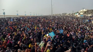 BYC supporters listen to the speech of their leader during their protest in Gwadar on Sunday [Reuters]