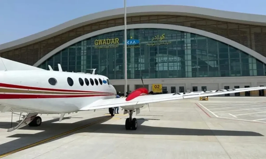 A calibration aircraft lands on the runway at the New Gwadar International Airport, in Gwadar, Pakistan on June 4, 2024. Photo via Pakistan Civil Aviation Authority/File