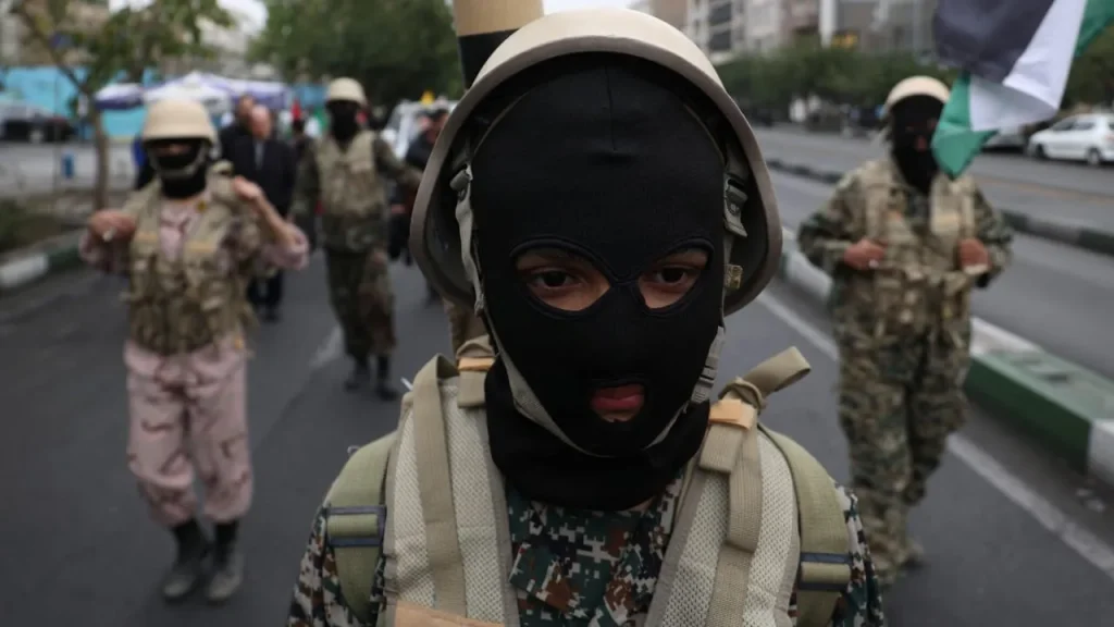 A member of Basij paramilitary forces attends a rally in support of Palestinians, in Tehran, Iran, October 13, 2023; illustrative.